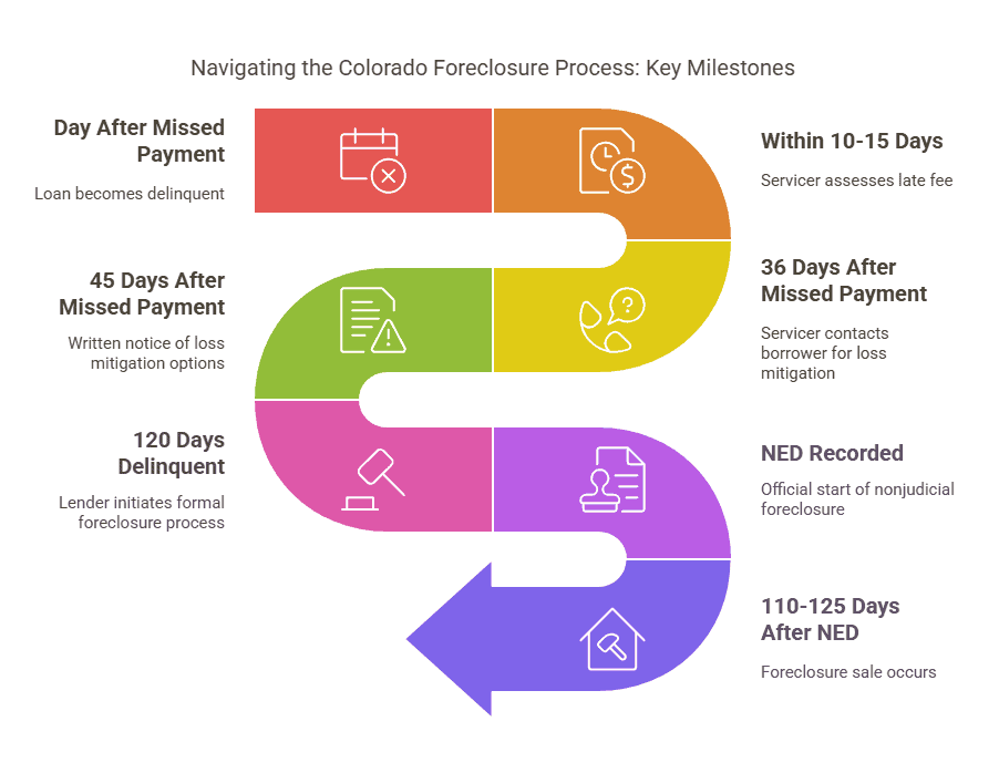 Colorado foreclosure process timeline with key milestones.