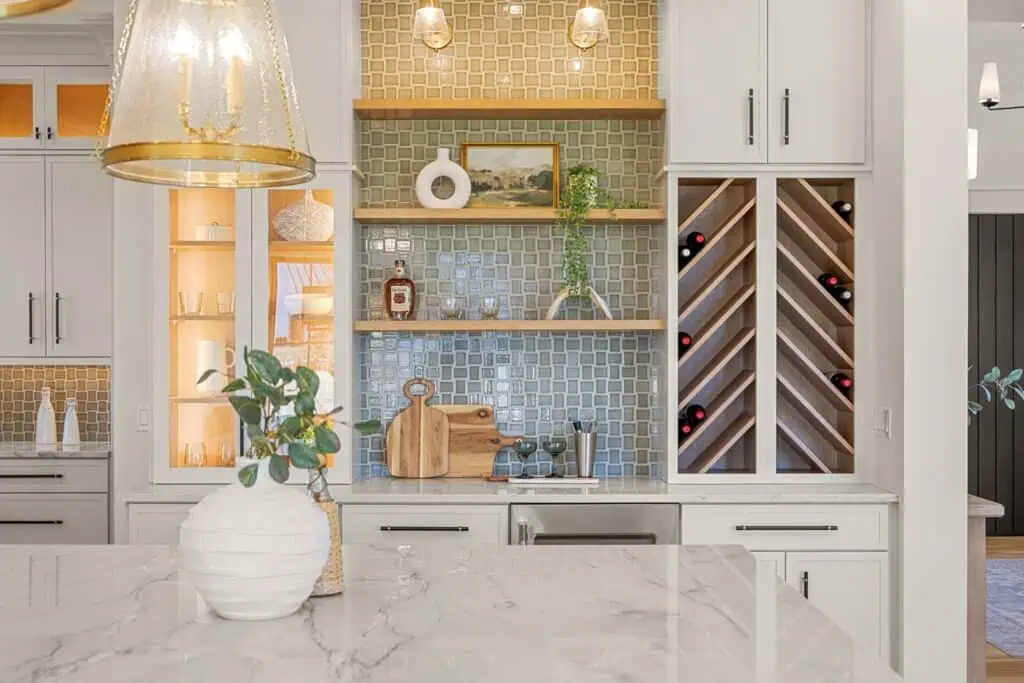 Modern kitchen with wine rack and shelves