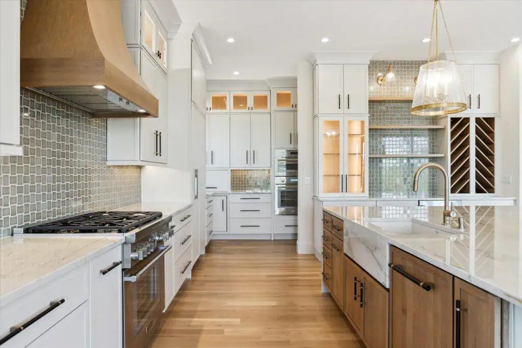 Modern kitchen with wooden and white cabinets