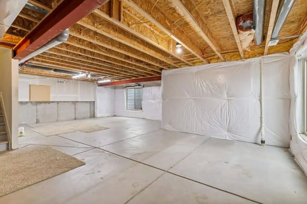 Unfinished basement with exposed ceiling beams.
