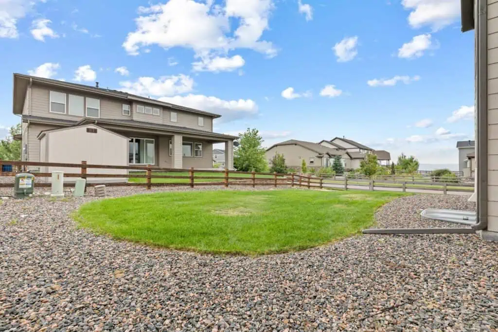 Suburban backyard with grass and pebble path.